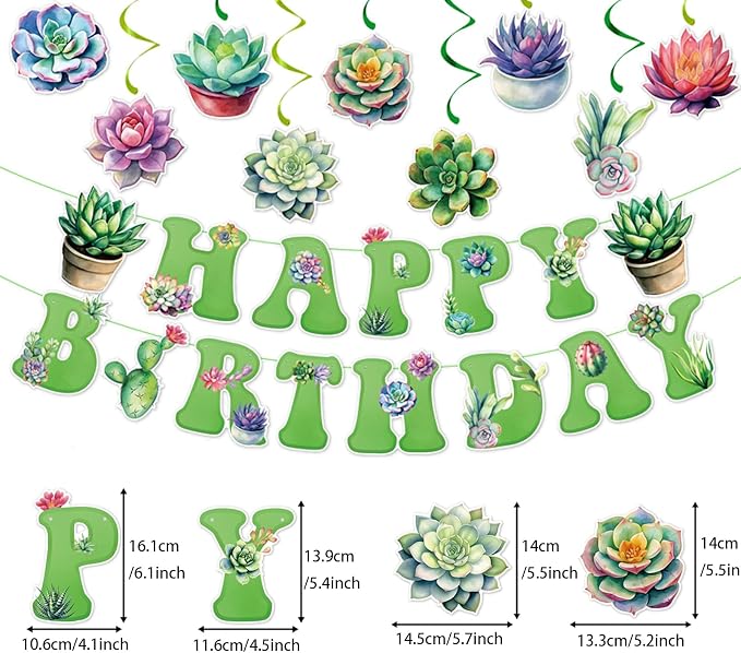 Zwiebeco Multicolored Succulent Plants Happy Birthday Banner Bunting Hanging Paper Swirls Garland Party Decorations for Spring Summer Plant Themed Boys Girls Baby Shower Decor Accessories Supplies