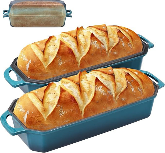 Flavehc Bread Pan Cast Iron Loaf Pan with Lid Bread Loaf Pan 13x5 Inch Enameled Cast Iron Sourdough Bread Pan,DarkCyan