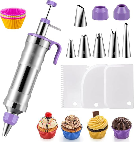 Dessert Decorating Syringe Set, Stainless Steel Frosting & Icing Piping Kit with 6 Tips and 9 Silicone Cupcakes,3 Cream Scraper for Cake Decorating Tools Cupcake Decorating Kit (Purple)