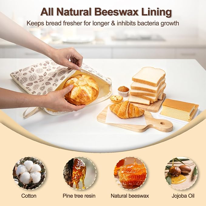 2 Pack Wide Zipper Beeswax Bread Bags for Homemade Bread 17"×13" | Beeswax Linen Cotton Sourdough Bag, Homesteading Essentials Sourdough Bags with Zip to Keep Fresh
