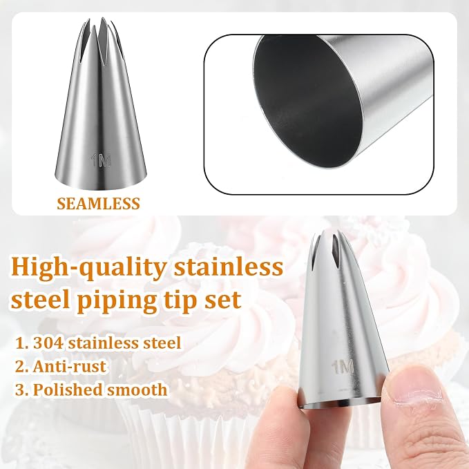 5 Pcs Large Piping Tips Set, Stainless Steel Cake Decorating Supplies Piping Tips Kit, Dishwasher Safe Baking Tools for DIY Art Frosting Icing Cupcakes Cookie Pastry Churros Meringue