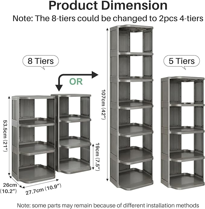 Kitstorack 8-Tier Vertical Plastic Shoe Rack, Freestanding Stackable Shoe Storage Organizer Cubes Shoe Shelf Tower or Small Closets and Tight Spaces, Gray