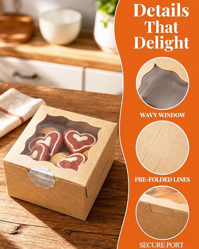 Bakepacker 400pcs Brown Bakery Boxes with Window 4"x 4"x 2.5" Thick & Cookie Boxes & Sturdy Macaroon Pastry
