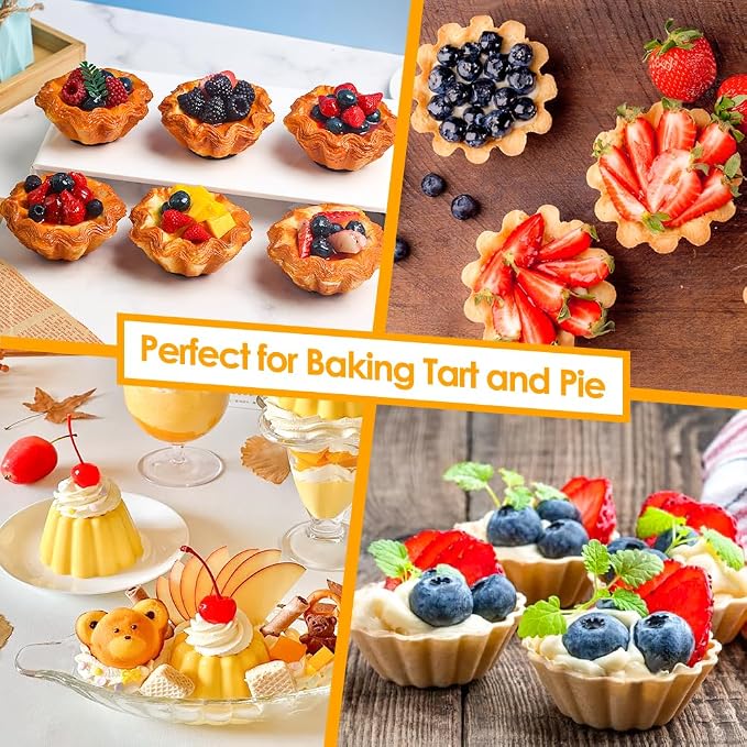12 pcs Egg Tart Molds, 3.6" Mini Tart Pans, 1.2'' Deep Non-Stick Carbon Steel Mini Tart Panw/Oil & Dish Brushes for Cupcake Cake Muffin Mold Tin Pan, Baking Set Tool