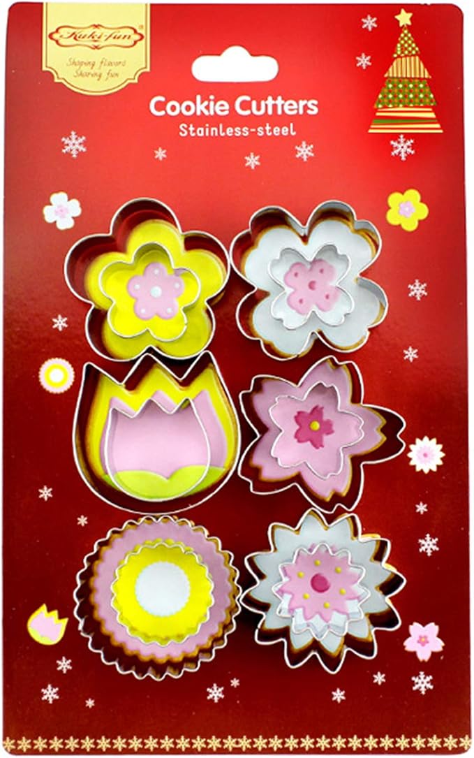 Flowers Cookie Cutter Set -12 Pieces - Plum Blossoms, Clover, Tulip, Cherry Blossoms, Sawtooth Circle, Sunflower Biscuit Fondant Cutters Stainless Steel