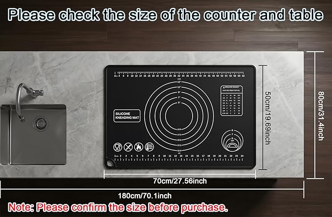 Silicone Pastry Mat 28" x 20" Extra Thick Silicone Baking Mat with Measurements and Edge Heightening Non-stick Food Grade Dough Rolling Mat Kneading Sheet for Pastry, Bread, Cookies (Black)