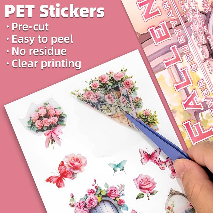 Fallen Flowers Courtyard Sticker Scrapbooking Supplies for Junk Journal, 20 Sheets PET Stickers - Vintage Journaling Stickers, Ephemera Sticker Book Pre Cut(TZ-009-001)
