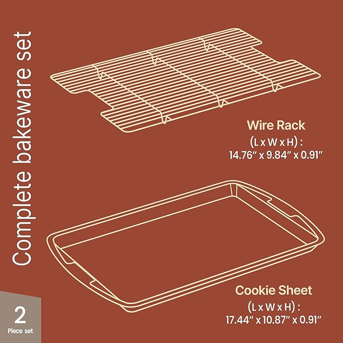 Cookie Sheet with Wire Rack Set, 2-Piece Nonstick Gray Carbon Steel Pan & Cooling Rack, Space-Saving Stackable Set, PFOA, PFOS, PTFE Free, Oven Safe Up to 450°F, 17.4" Pan & 14.7" Rack