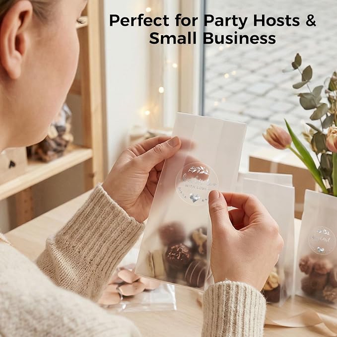 Handmade with Love Stickers 100 Pcs, Silver Foil Transparent Labels for Small Business Packaging, 1.6 Inch Round Thank You Stickers for Gift Wrap, Bakery Boxes, Envelopes (Silver Foil)