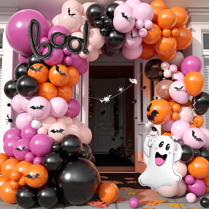 Halloween Balloon Arch Garland, Pink Halloween Party Decorations with Cute BOO Ghost Foil Balloons, Retro Pink Orange Apricot Latex Balloon Bat Sticker for Kids Aldult Birthday Background