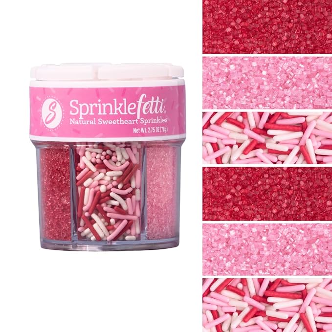 Sweets Indeed Valentines Dye Free Sprinkles | Red & Pink Sanding Sugar with Red White Pink Jimmies Mix | Baking & Decorating | No Artificial Dyes | 6-Cell Jar 2.75 oz