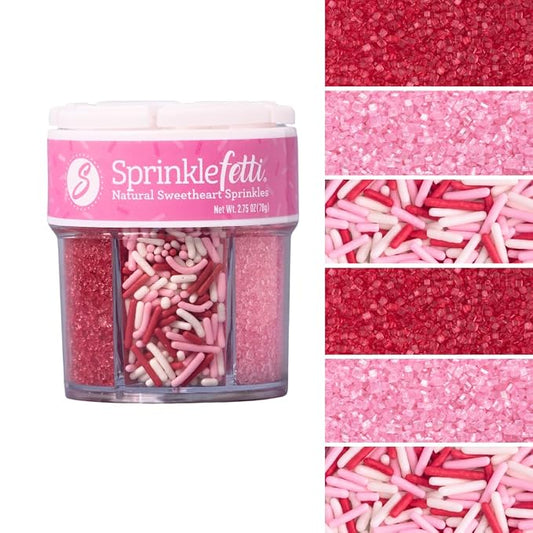 Sweets Indeed Valentines Dye Free Sprinkles | Red & Pink Sanding Sugar with Red White Pink Jimmies Mix | Baking & Decorating | No Artificial Dyes | 6-Cell Jar 2.75 oz