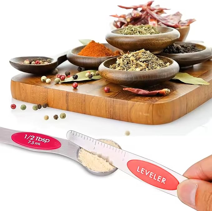 Set of 7 Stainless Steel Magnetic Measuring Spoons Set with Leveler - Stackable Tablespoon Measure Spoon for Baking and Cooking, Kitchen Gadgets for Apartment Essentials (Pink)