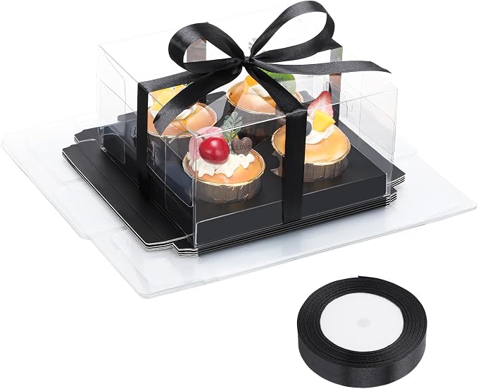 EUSOAR Black Cupcake Boxes, 6 Pack Bakery Treat Dessert Containers 4 Count with Inserts, Clear Disposable Cookies Muffins Pastry Gift Holder Assembly Mini Cake Carrier for Wedding Party Favor Bakery