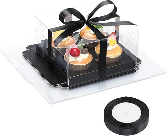 EUSOAR Black Cupcake Boxes, 6 Pack Bakery Treat Dessert Containers 4 Count with Inserts, Clear Disposable Cookies Muffins Pastry Gift Holder Assembly Mini Cake Carrier for Wedding Party Favor Bakery