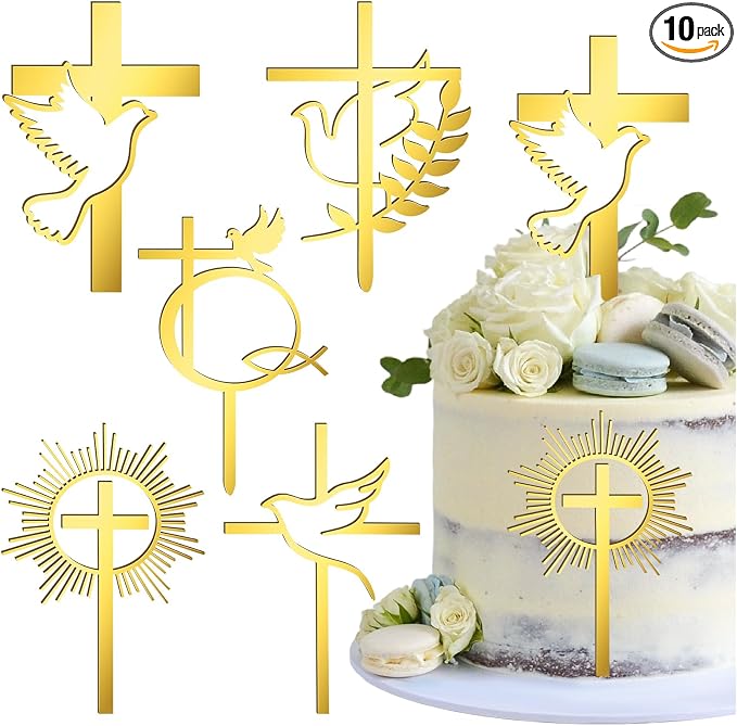 10 Pcs Gold Dove Cross Cake Toppers Acrylic Baptism First Communion Cake Decorations Supplies for Baby Shower Birthday Wedding Party Christian