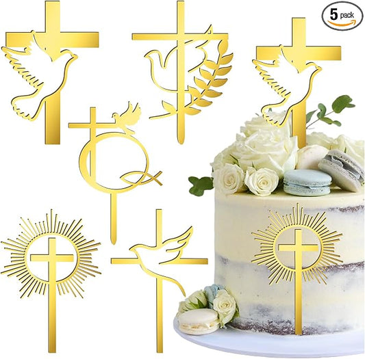 5 Pcs Gold Dove Cross Cake Toppers Acrylic Baptism First Communion Cake Decorations Supplies for Baby Shower Birthday Wedding Party Christian