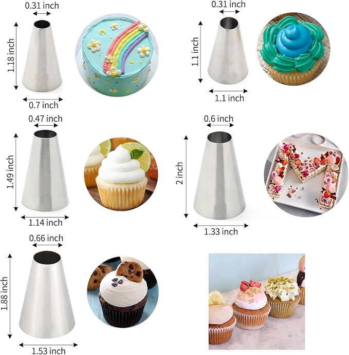 Round Piping Tip Set – 5-Piece Stainless Steel Cake Decorating Tips, Ideal for Cake Decorating, Icing, Cookie, Cupcakes, Includes 2 Small, 1 Medium, and 2 Large Round Tips Baking Tools