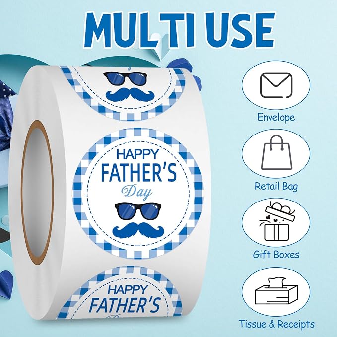 Louise Maelys 500 Pcs Happy Father's Day Stickers 1.5 Inch Round Blue Plaid Stickers with Vintage Mustache Design for Gift Wrapping Envelopes