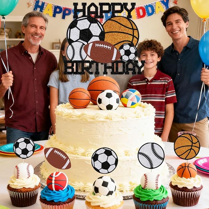 6pcs sports Happy Birthday Cake Topper， | Boys and Girls Sport Theme Party Decoration，for Ball Sports Themed Birthday Parties or Game Day Celebrations