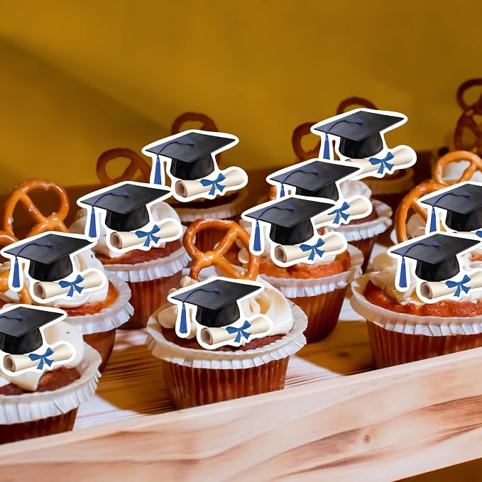 48pcs Edible Graduation Cap Cupcake Toppers Wafer Paper Blue Grad Cap Diploma Cake Decorations Edible Grad Cap Cupcake Picks for 2026 Graduation Theme Party Cake Decor Supplies