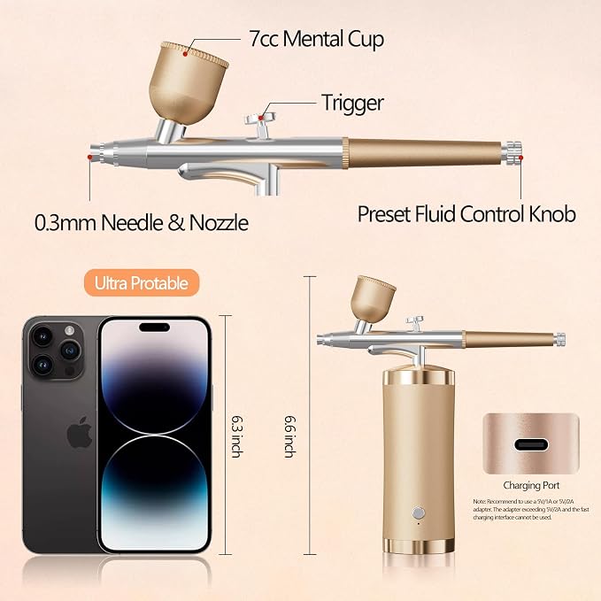 Airbrush Kit With Compressor 48PSI Rechargeable High Pressure Air Brush Set Cordless Airbrush Kit with 0.3mm Nozzle for Painting,Nail Art, Cake Decor,Makeup,Modeling (Golden)