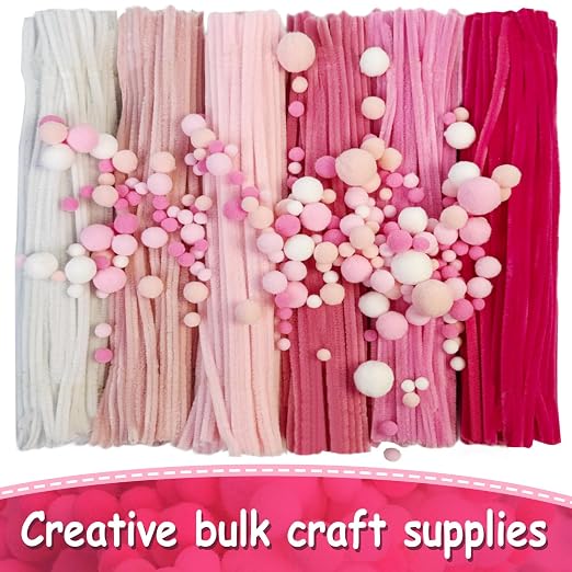 600pcs Pink Pipe Cleaners Bulk and 300pcs Pompoms - Fluffy Fuzzy Wire, Pastel Pom Poms Chenille Stems for Arts & Crafts, Ideal for Making Flowers Animal Thanksgiving Christmas Party Supplies