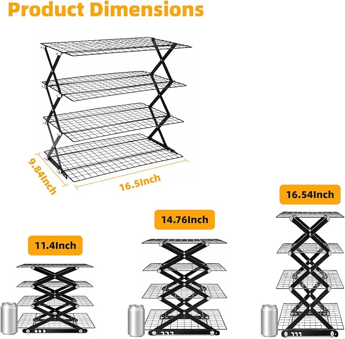 4 Tier Collapsible Cooling Rack for Baking, Adjustable Stackable Wire Cookie Cooling Racks, Space-Saving Foldable Baking Rack with Stable X-Leg Design for Cookies, Cakes, Bread and Pastries