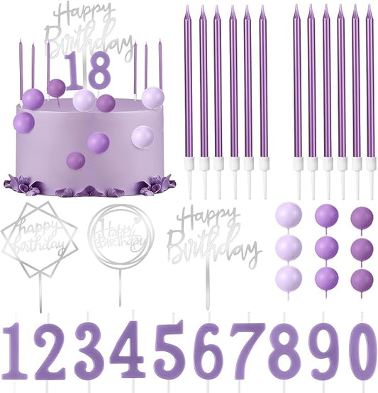 Yerliker 34 Pcs Happy Birthday Cake Toppers Decorations Birthday Candles DIY Cake Decor for Men Women Wedding Anniversary(Purple)