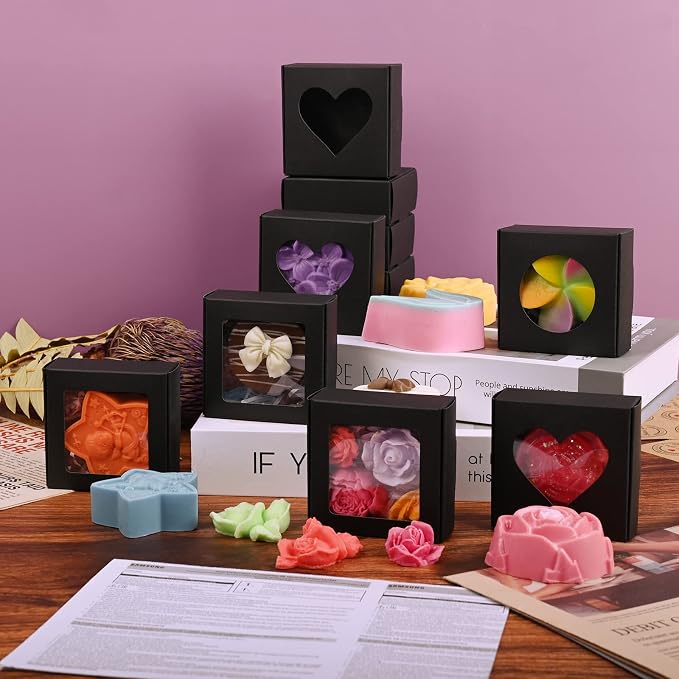Moukiween 30 PCS Black Soap Boxes for Homemade Soap, 2.95 X 2.95X 1.18 Inch Packaging Gift Boxes with Window, Small Square Soap Wrapping Boxes (Black)