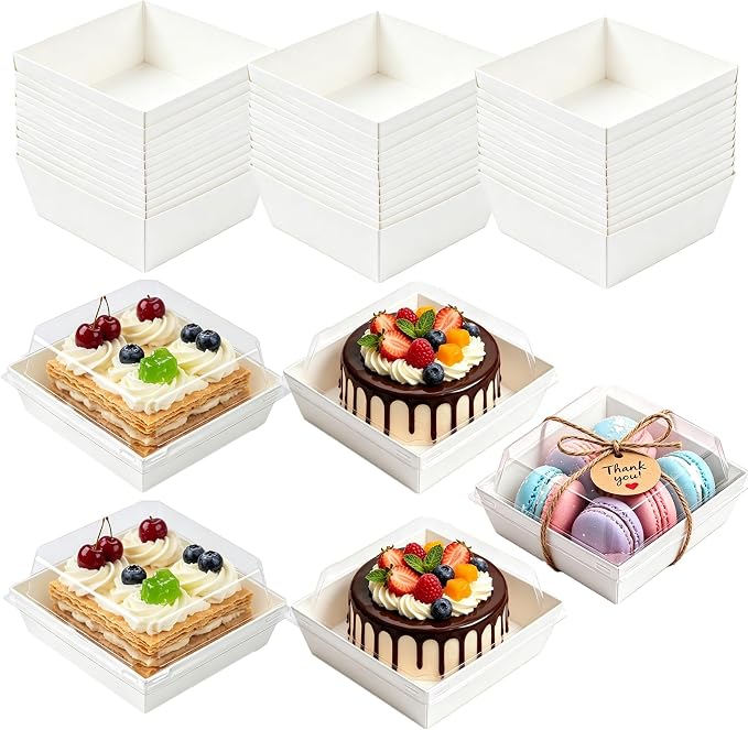 100 Pack Charcuterie Boxes with Clear Lids, White Paper Cake Sliced Boxes, 5 Inch Cute Square Dessert Boxes for Swiss Roll, Hamburger, Pasta, Salad, Cookie Wedding, Birthday