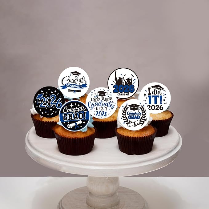 63 PCS Edible 2026 Graduation Cupcake Toppers Diploma Congrats 2026 Grad Cap Cupcake Picks Edible Class of 2026 Cake Decorations for 2026 Graduation Theme Party Cake Decorations Supplies Dark Blue