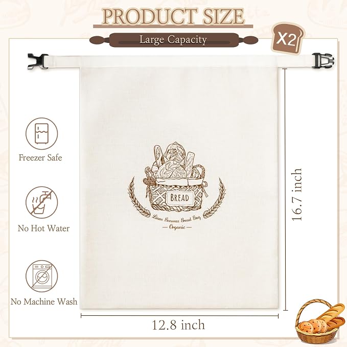 VIS'V Linen Cotton Beeswax Bread Bags with Zippper, 16.7 x 12.8 In, 2 Pcs | XL Size, Dual Seal, Reusable, Freezer Safe, Fits for Homemade Breads, Sourdough, Store Bought Breads