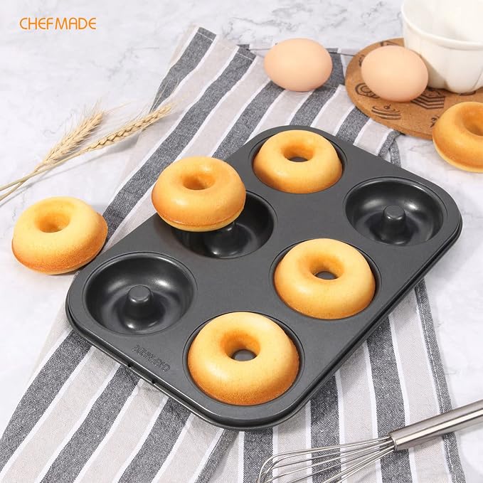 CHEFMADE Donut Pan, Nonstick 6 Cavity Ring Doughnut Pan for Baking Cookies Bagel (Black)