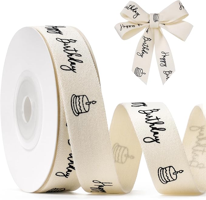 Happy Birthday Printed Ribbon 5/8 Inch x 10 Yards Cotton Ribbon for Gift Packaging, Party Decorations, Anniversary Decoration, Handmade Cards