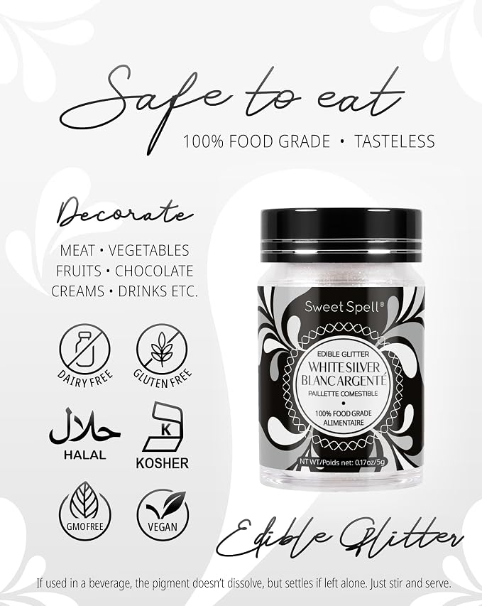 Sweet Spell Edible Glitter (15g) - Shimmer Sparkles for Drinks, Cakes, Cocktails - 100% Edible & Food Grade Glitter, Vegan, Gluten-Free (White Silver)