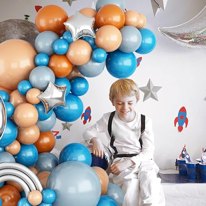 Blue and Orange Balloons Arch Kit, Space Balloon Arch Garland Kit With Metallic Silver Balloons, Teal Nude Latex Balloons for Kids Boy Space Party Birthday Orange and Blue Graduation Decorations