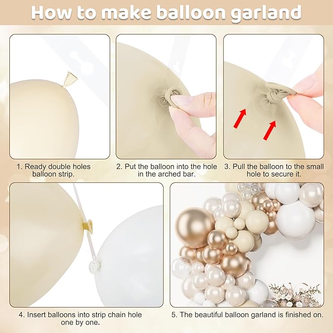 Amandir 153 Pcs White Sand Metallic Champagne Gold Balloons Arch Garland Kit, Different Sizes 18 12 10 5 Inch Pearl White Sand Clear Beige Neutral Balloons Birthday Bridal Shower Wedding Decorations