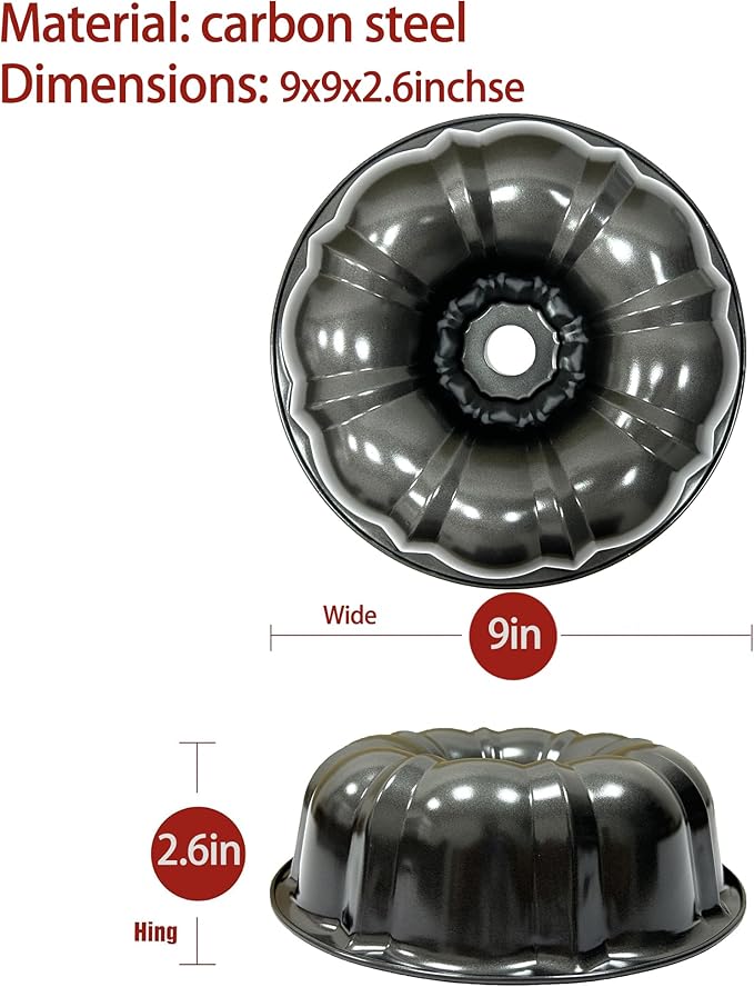 Kundalini Classic Bakeware 9.5 Inch Non-stick Fluted Cake Pan,Heavy Duty Carbon Steel Tube Baking Mold Gray