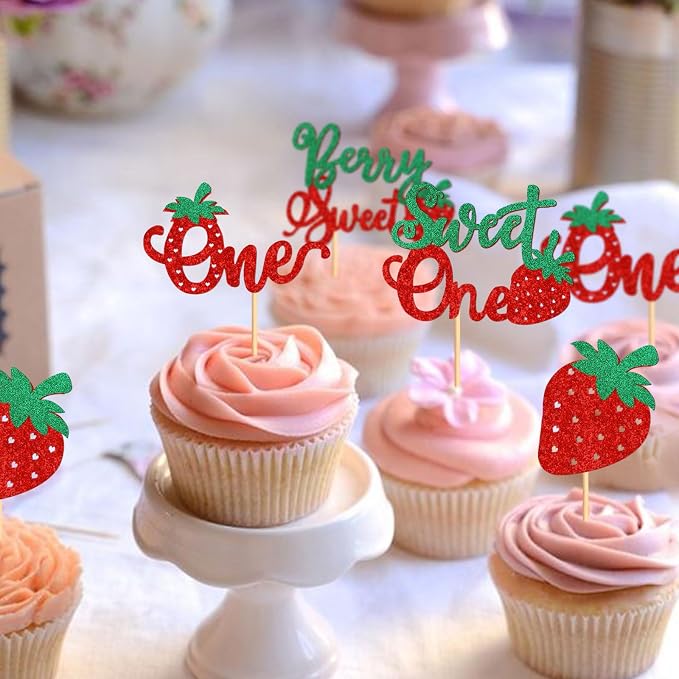24 Pack Strawberry One Cupcake Toppers Strawberry Sweet One Cupcake Picks for Birthday Wedding Party Baby Shower Summer Garden Party Decoration Supplies Green