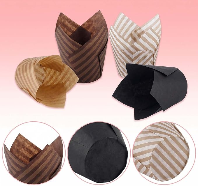 200 Pcs Stripe Tulip Cupcake Liners for Baking, Assorted Colors | Standard Greaseproof Tulip Muffin Liners for Baking, 3oz Paper Cupcake Wrappers for Party Wedding Birthday