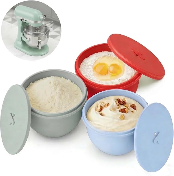 3-Pack Silicone Bowl Liners with Lids for KitchenAid 6-Qt Bowl-Lift Bowls Only, 2mm Extra-Thick Premium Silicone, Built-In Air Vents for Dough Proofing, Dishwasher Safe, BPA-Free