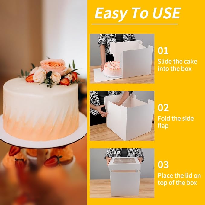WINKIO 4 Pack Cake Boxes, Disposable Cake Transport Container, White Bakery Boxes with Large Window, for Cookies Pies Cupcakes Pastry (12×12×12)