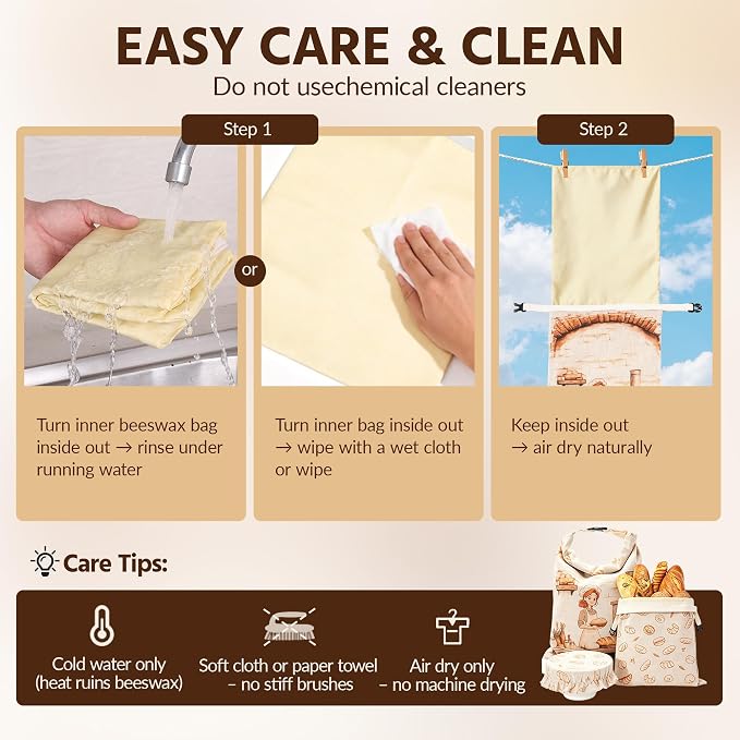 2 Packs Beeswax Bread Bags for Homemade Bread & Sourdough with Bowl Cover - 18"×13" XL Organic Cotton Linen Reusable Beeswax Bag - Safe Storage, Baking Supplies,Freezer-Safe