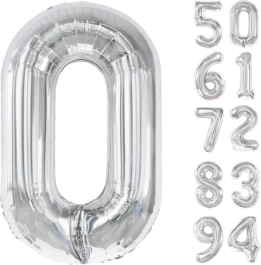 Silver Number Balloon 40 Inch, 0 Number Balloons, 10 20 30 40 50 Numbers Balloon Birthday Decorations, Silver Party Supplies for Women Men