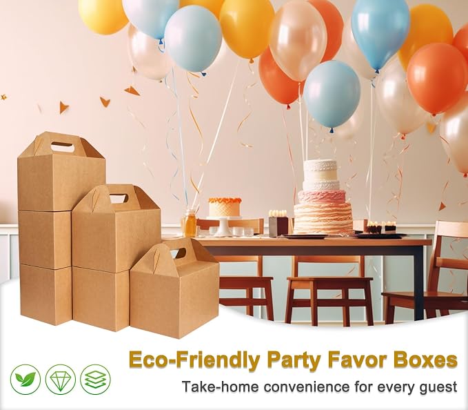 Happyhiram 40-Pack Large Gable Boxes Kraft Brown - 9x6x6 Inch Sturdy Kraft Paper Gift Boxes for Party Favors, Box Lunches, Cookies, and Birthday Wedding, Easy to Assemble with Handles