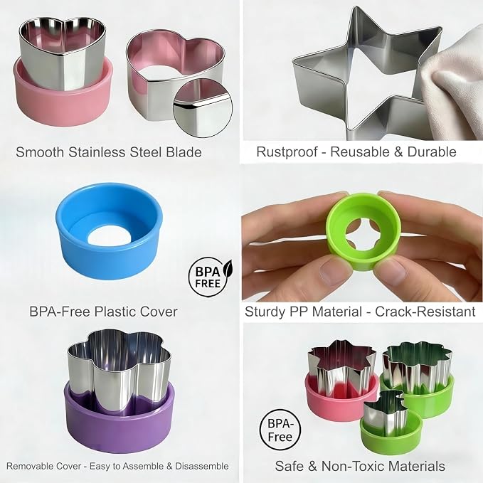9 PCS 1.5 In Mini Cookie Cutters Set for Kids, Stainless Steel Small Sandwich Food Cutter Shapes, Fun Shaped Tiny Dinosaur Heart Star Circle Flower for Lunch, Fruit, Vegetable, Cheese, Clay
