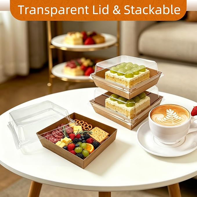 Nexboraque 100 Pack Small Charcuterie Boxes with Clear Lids, 5 Inch Disposable Square Paper Bakery Dessert Sandwich Box Mini to Go Food Containers for Cookie, Sushi, Cake Slice, Muffins