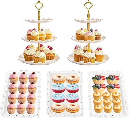 5 Pcs Cake Stand Set with 2 Tier Holders & 3 Appetizer Trays for Party | Food safe PP material,Easy to assemble,suitable for various events,weddings, birthday parties, Christmas parties, etc