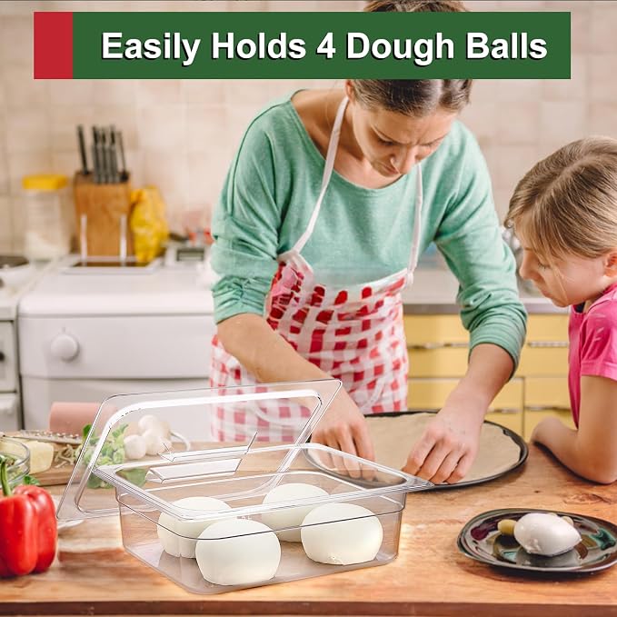 2 PCS Clear Pizza Dough Proofing Box with Lids, 12.8x9.2 Inch Dough Trays for Bread Making, Graduated Pizza Proofing Container Fits 4 Dough Balls for Home Kitchen, Restaurants, Chef(Small)